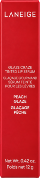 Front view of Laneige Glaze Craze Tinted Lip Serum, Peach Glaze, in a red rectangular box.