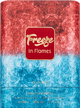 Opakowanie perfum Riiffs Freeze In Flames, czerwono-niebieskie, tekstura lodu i ognia, z napisem.
