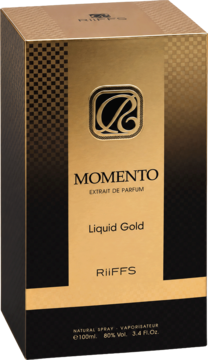 Złoto-czarne opakowanie perfum Riiffs Momento Liquid Gold Extrait de Parfum, widok z przodu.