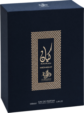 Męska woda perfumowana Kayaan Midnight Al Wataniah, ciemnoniebieskie pudełko ze złotym wzorem, widok z przodu.