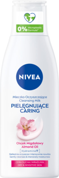 Białe mleczko NIVEA Cleansing Milk z olejkiem migdałowym do cery suchej, butelka z różowym kwiatem, 0% mikroplastiku.