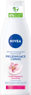 Białe mleczko NIVEA Cleansing Milk z olejkiem migdałowym do cery suchej, butelka z różowym kwiatem, 0% mikroplastiku.