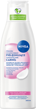 Białe mleczko NIVEA Pielęgnujące oczyszczające 200ml, cera sucha i wrażliwa, wegańska formuła. Widok z przodu.