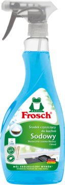 Frosch Sodowy płyn do kuchni w niebieskiej, ekologicznej butelce ze spryskiwaczem, widok z przodu.