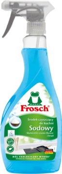 Frosch Sodowy płyn do kuchni w niebieskiej, ekologicznej butelce ze spryskiwaczem, widok z przodu.