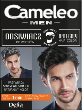 Opakowanie Cameleo MEN Anti-Grey Hair Color, czarne, z modelami przed i po odsiwianiu, efekt w 1 min.