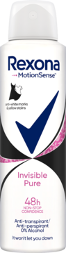 Rexona MotionSense Invisible Pure antyperspirant w białym sprayu, z przodu, ochrona 48h, brak plam na ubraniach.