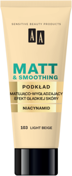 AA Matt & Smoothing podkład 103 Light Beige w jasnobeżowej tubce z czarną nakrętką, widok z przodu, z niacynamidem.