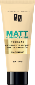 AA Matt & Smoothing podkład 105 Sand w beżowej tubce, widok z przodu, z niacynamidem.