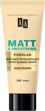 Beżowy podkład AA Matt & Smoothing w tubce, odcień 105 Sand, z niacynamidem, widok z przodu.