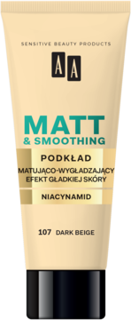 Beżowa tuba matującego podkładu AA Matt & Smoothing 107 Dark Beige z niacynamidem, widok z przodu.