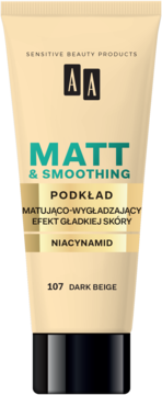 Matujący podkład AA Matt & Smoothing 107 Dark Beige w beżowej tubce, z niacynamidem, widok z przodu.