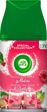 Wkład Air Wick Freshmatic Sparkling Rose & Raspberry, zielony korek, różowa etykieta z malinami i kieliszkami.