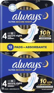 Dwa opakowania Always Ultra Secure Night, 12 podpasek, nocna ochrona do 10h. Front, niebiesko-czarne.