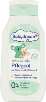 Biała butelka Babydream Extra Sensitiv Pflegeöl z grafiką koali, widok z przodu. Zawiera olej shea.