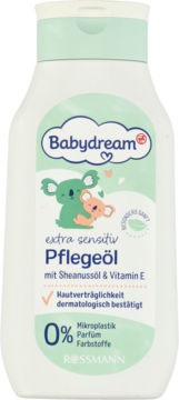 Biała butelka Babydream Extra Sensitiv Pflegeöl z grafiką koali, widok z przodu. Zawiera olej shea.