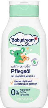 Biała butelka Babydream extra sensitiv Pflegeöl z zieloną etykietą, koalami, migdałowym olejem i witaminą E.