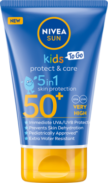 NIVEA SUN Kids Protect & Care SPF 50+ TO GO, niebieska tubka 50ml z żółtą zakrętką, przód.