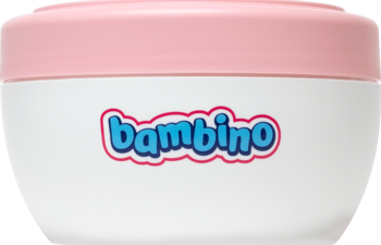Biały okrągły słoiczek kremu pielęgnacyjnego Bambino dla dzieci z różową pokrywką, widok z przodu.