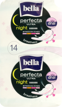 Dwie paczki podpasek Bella Perfecta Ultra Night 14 sztuk, ultra-cienkie, ekstra długie, silky drai, na noc.