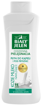 Biały Jeleń płyn do kąpieli Kozie Mleko nawilżający, biała butelka z zieloną etykietą, widok z przodu.