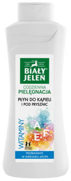 Biały Jeleń płyn do kąpieli i prysznic dla wrażliwej skóry, biała butelka z zieloną i kolorową etykietą.