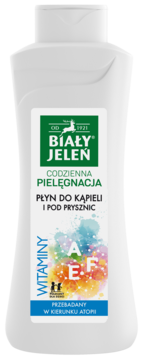 Biały Jeleń płyn do kąpieli i prysznic dla wrażliwej skóry, biała butelka z zieloną i kolorową etykietą.