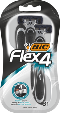 Opakowanie 3 męskich maszynek BIC Flex4 w czarno-szarym blistrze, z ruchomymi 4 ostrzami, widok z przodu.