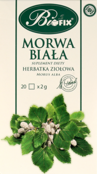 Białe opakowanie suplementu diety BioFIX Morwa Biała, herbatka ziołowa, z zielonymi detalami i ilustracją liści morwy.