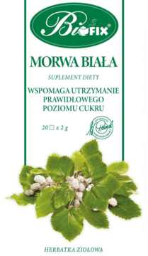 Frontowe ujęcie białego opakowania herbaty BiFIX Morwa Biała, wspierającej poziom cukru, z grafiką liści.