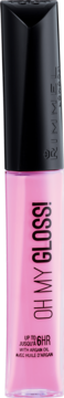 Rimmel Oh My Gloss! różowy błyszczyk w stojącej tubce z czarną nakrętką. Widoczny napis OH MY GLOSS! i 6HR.
