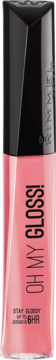 Jasnoróżowy błyszczyk Rimmel Oh My Gloss! w transparentnej buteleczce, czarna nakrętka, napis 6HR.
