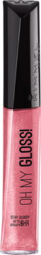 Rimmel Oh My Gloss! trwały różowy błyszczyk, widok z przodu. Buteleczka z czarną nakrętką, napis 'OH MY GLOSS!'.