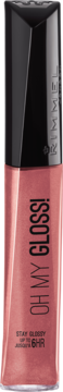 Rimmel Oh My Gloss! różowy błyszczyk do ust, widok z przodu, z napisem "OH MY GLOSS!" i "6HR".