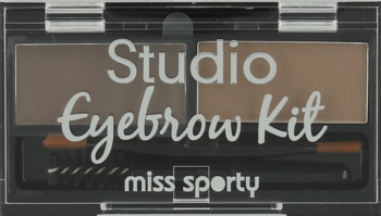 Otwarty zestaw Miss Sporty Studio Eyebrow Kit z dwoma odcieniami brązowego cienia i pędzelkami.