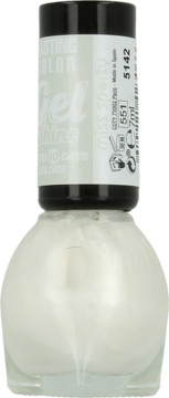 Biały lakier do paznokci Miss Sporty Gel Shine, klasyczna butelka z czarną nakrętką, widok z przodu.