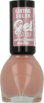 Trwały lakier do paznokci Miss Sporty Gel Shine, pudrowy róż, butelka z czarną nakrętką, widok z przodu.