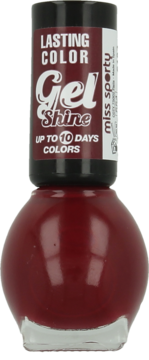 Bordowy lakier do paznokci Miss Sporty Lasting Color Gel Shine, butelka z przodu, trwały kolor do 10 dni.