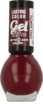 Bordowy lakier do paznokci Miss Sporty Lasting Color Gel Shine, butelka z przodu, trwały kolor do 10 dni.