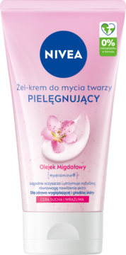 Różowy żel-krem NIVEA do mycia twarzy pielęgnujący, z olejkiem migdałowym, do cery suchej i wrażliwej.
