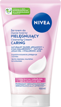 Nivea Pielęgnujący Żel-krem do mycia twarzy, różowa tuba 150ml, z olejkiem arganowym, do cery suchej i wrażliwej.