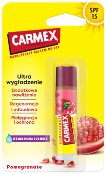 Carmex balsam do ust Pomegranate SPF 15 w żółtym blistrze, z przodu, z czerwonym logo i owocem granatu.