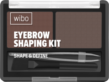 Wibo Eyebrow Shaping Kit Dark Brown w otwartym, ciemnym opakowaniu z dwoma cieniami, pędzelkiem i pęsetą.