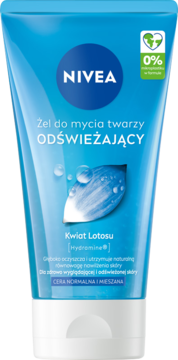 NIVEA odświeżający żel do mycia twarzy z kwiatem lotosu dla cery normalnej i mieszanej, niebieska tubka, widok z przodu.