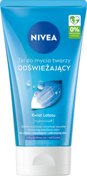 NIVEA odświeżający żel do mycia twarzy z kwiatem lotosu dla cery normalnej i mieszanej, niebieska tubka, widok z przodu.