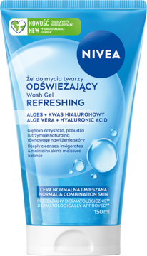 NIVEA Odświeżający żel do twarzy z aloesem i kwasem hialuronowym, niebieska tubka, widok z przodu.