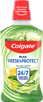 Colgate Plax Fresh & Protect, zielony płyn do płukania ust z herbatą i cytryną, 0% alkoholu, widok z przodu.