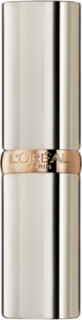 L'Oréal Color Riche, satynowa pomadka w lśniącej, metalowej tubce z logo i złotym paskiem, widok z przodu.