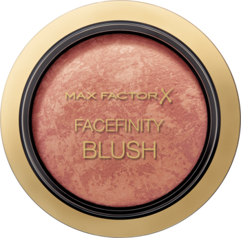 Max Factor Facefinity Blush, rozświetlający róż w okrągłym, złotym kompakcie z marmurkowym pudrem, widok z góry.