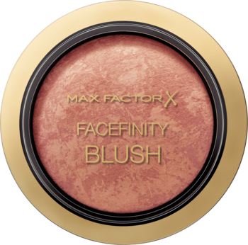 Max Factor Facefinity Blush, rozświetlający róż w okrągłym, złotym kompakcie z marmurkowym pudrem, widok z góry.